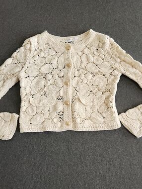Cloth by Design Womens Cream Crochet Cardigan Sweater Elegant Openwork Knit Sz M